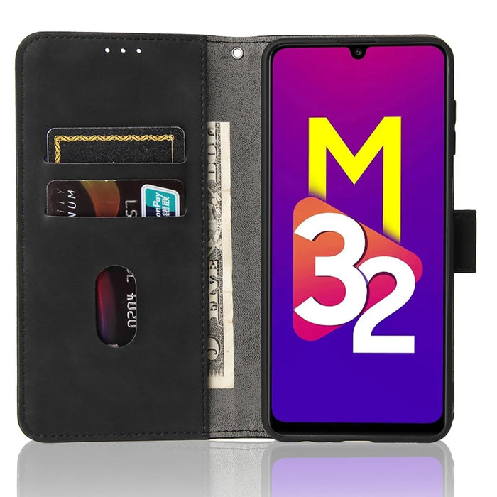 Skin-Feeling Folio Flip Leather Phone Case Cover with Stand Wallet for Samsung Galaxy M32 (Global Version) - Black - 6