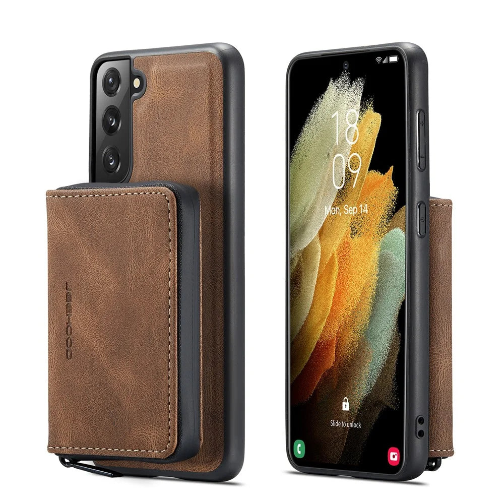 JEEHOOD Magnetic Detachable Zippered Wallet Fine Quality Leather Hybrid Case with Kickstand for Samsung Galaxy S21 FE/S21 Fan Edition - Brown - 1