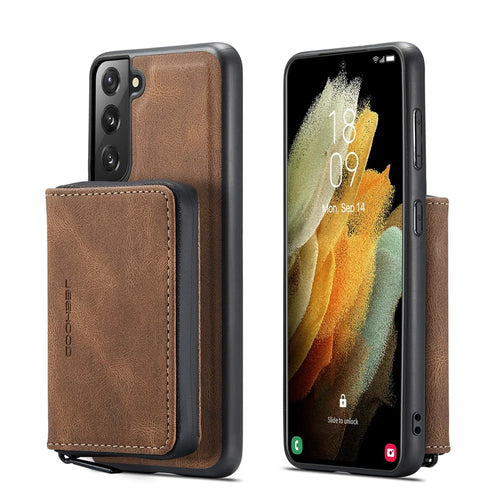 JEEHOOD Magnetic Detachable Zippered Wallet Fine Quality Leather Hybrid Case with Kickstand for Samsung Galaxy S21 FE/S21 Fan Edition - Brown - 1