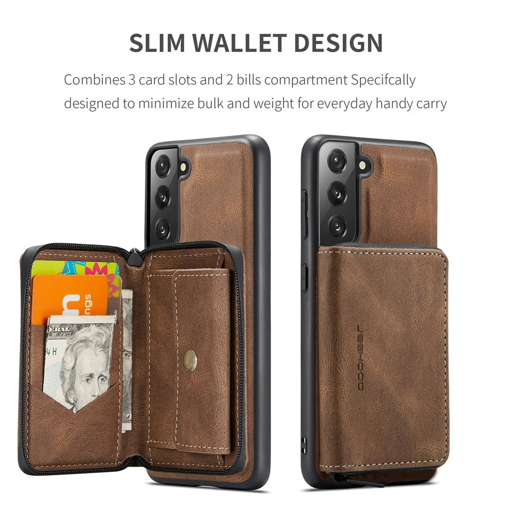 JEEHOOD Magnetic Detachable Zippered Wallet Fine Quality Leather Hybrid Case with Kickstand for Samsung Galaxy S21 FE/S21 Fan Edition - Brown - 3