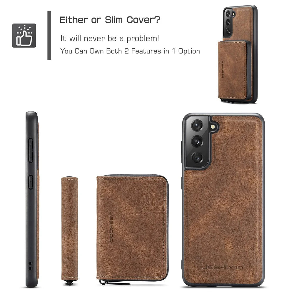 JEEHOOD Magnetic Detachable Zippered Wallet Fine Quality Leather Hybrid Case with Kickstand for Samsung Galaxy S21 FE/S21 Fan Edition - Brown - 4