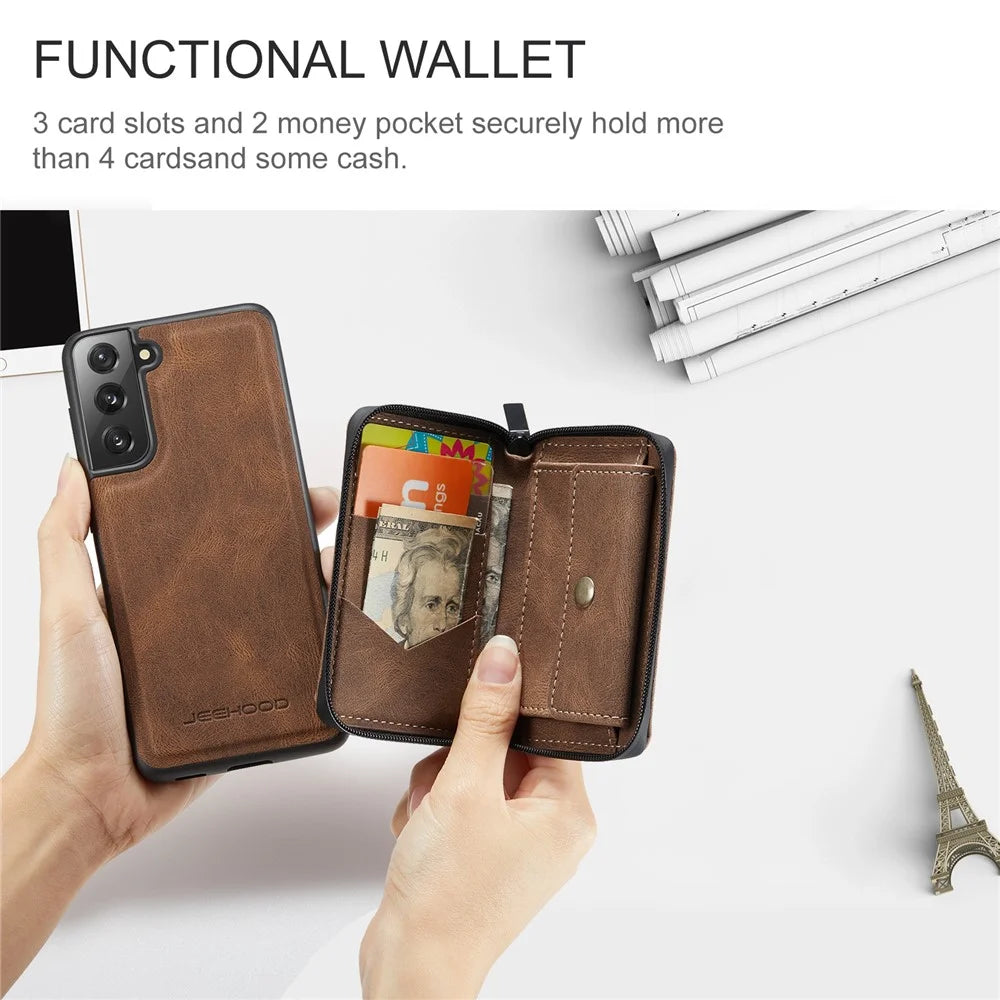 JEEHOOD Magnetic Detachable Zippered Wallet Fine Quality Leather Hybrid Case with Kickstand for Samsung Galaxy S21 FE/S21 Fan Edition - Brown - 5