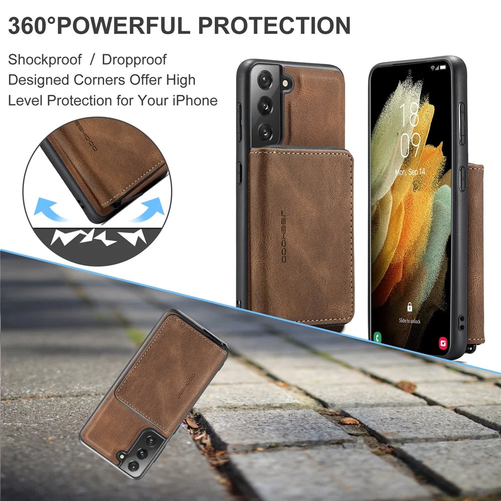 JEEHOOD Magnetic Detachable Zippered Wallet Fine Quality Leather Hybrid Case with Kickstand for Samsung Galaxy S21 FE/S21 Fan Edition - Brown - 6