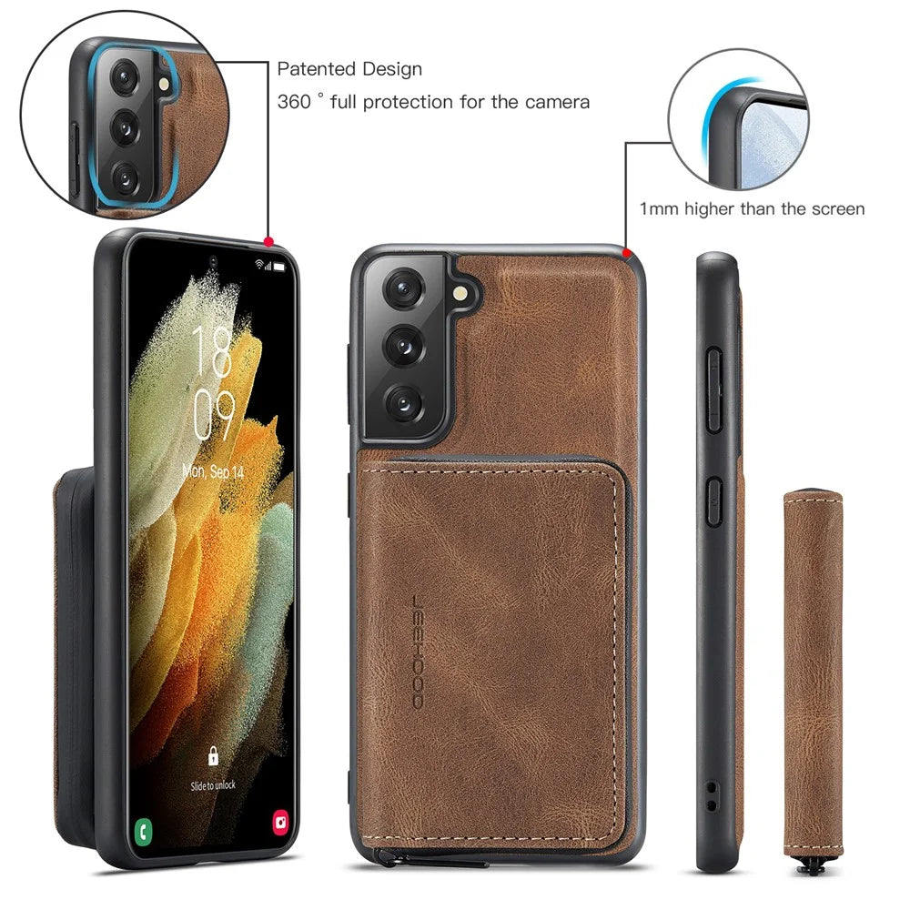 JEEHOOD Magnetic Detachable Zippered Wallet Fine Quality Leather Hybrid Case with Kickstand for Samsung Galaxy S21 FE/S21 Fan Edition - Brown - 7