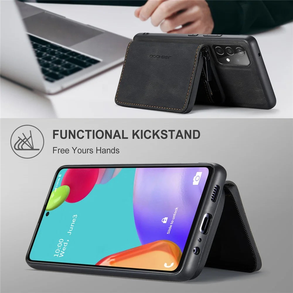JEEHOOD Detachable 2-in-1 Magnetic Attraction Zippered Wallet Leather Hybrid Case with Kickstand for Samsung Galaxy A52 4G/A52 5G/A52s 5G - Black - 2