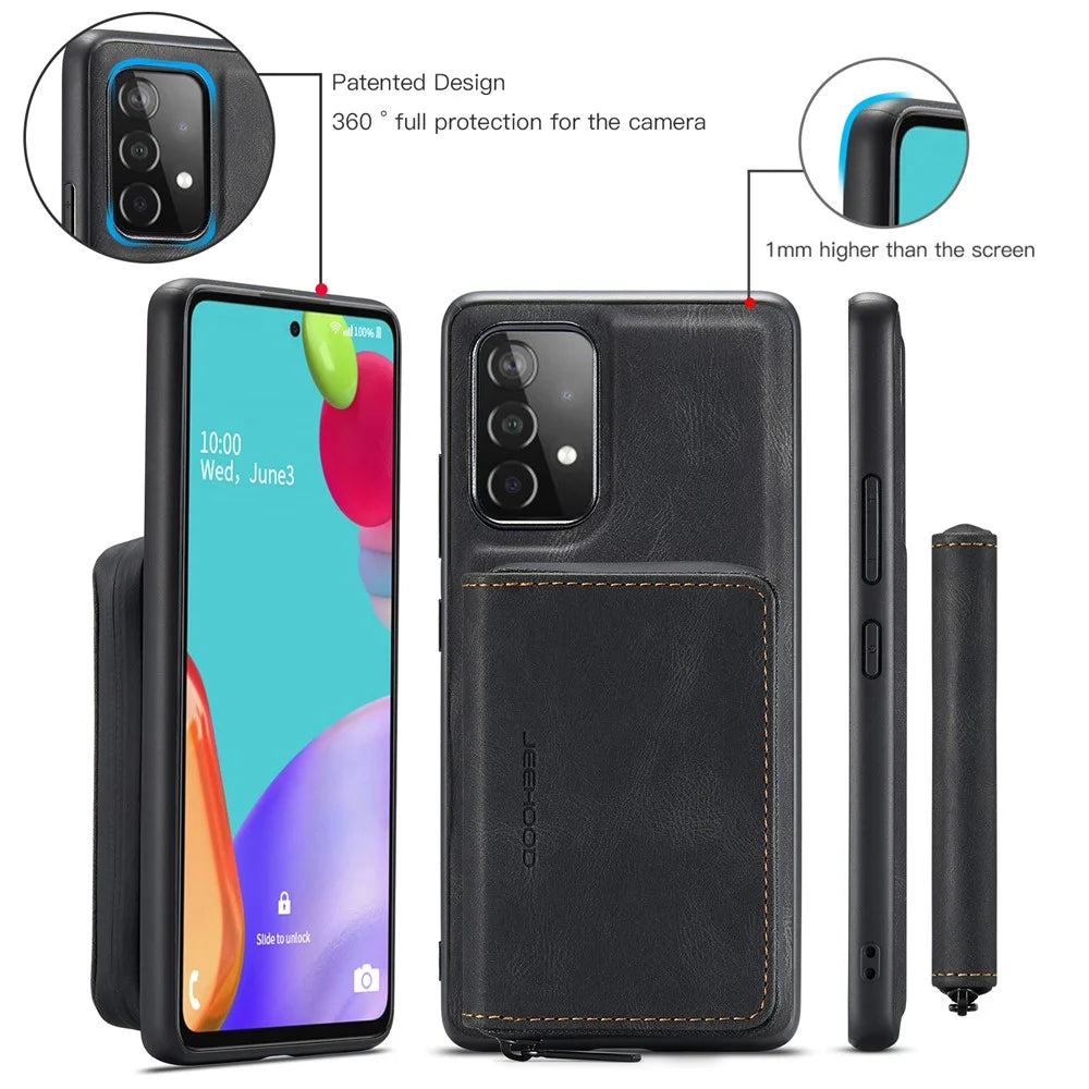 JEEHOOD Detachable 2-in-1 Magnetic Attraction Zippered Wallet Leather Hybrid Case with Kickstand for Samsung Galaxy A52 4G/A52 5G/A52s 5G - Black - 4