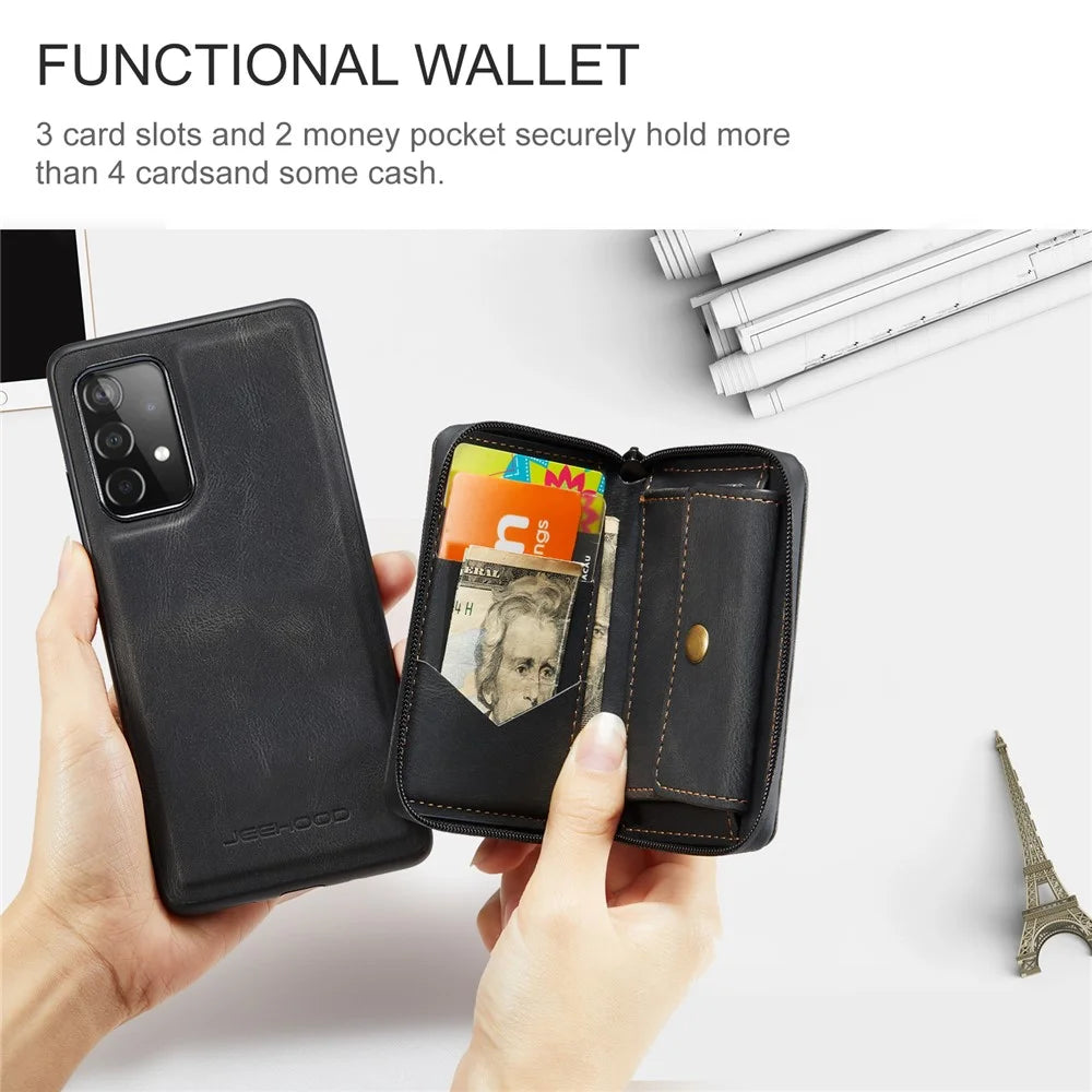 JEEHOOD Detachable 2-in-1 Magnetic Attraction Zippered Wallet Leather Hybrid Case with Kickstand for Samsung Galaxy A52 4G/A52 5G/A52s 5G - Black - 6