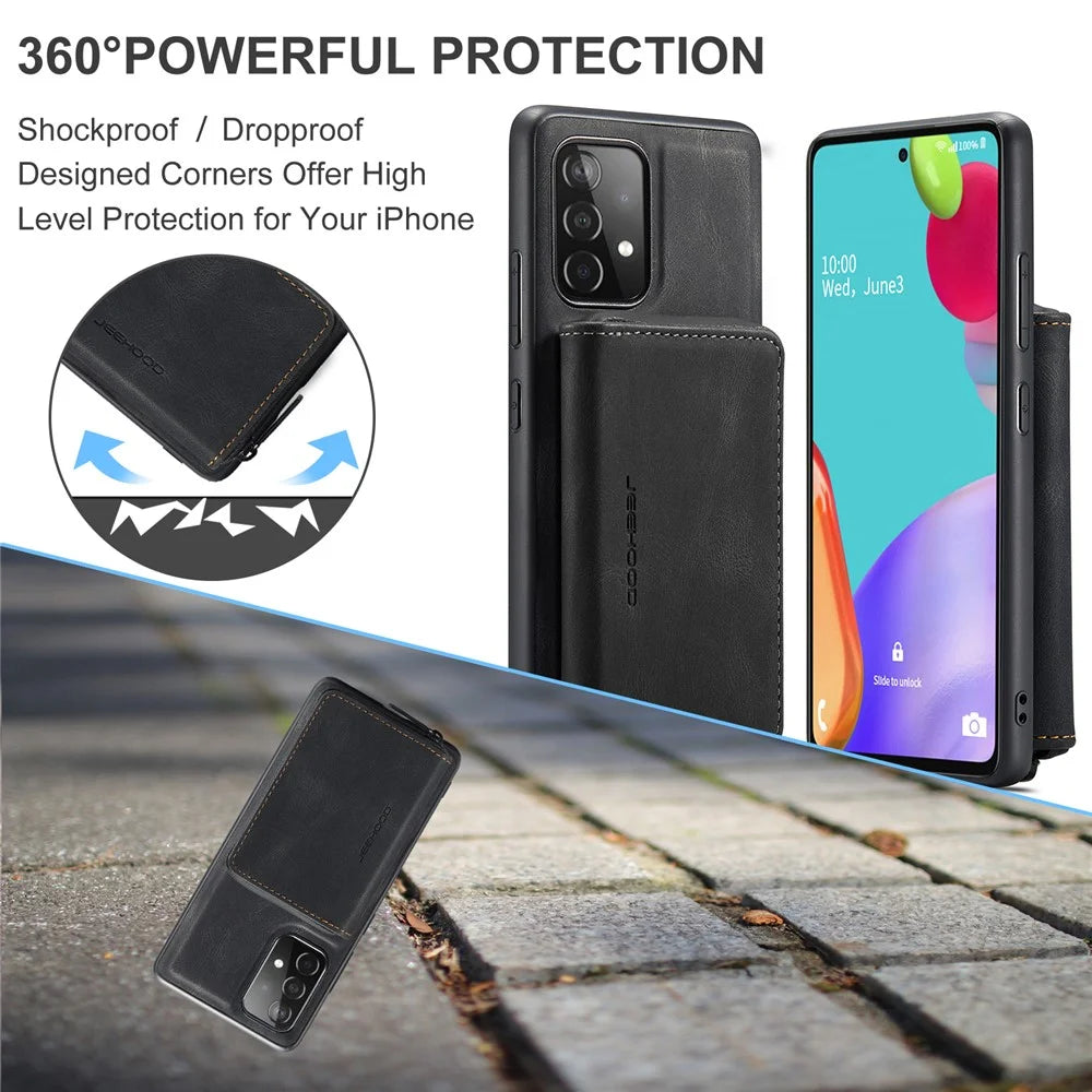 JEEHOOD Magnetic Detachable 2-in-1 Zippered Wallet Leather Hybrid Case with Kickstand for Samsung Galaxy A72 5G/4G - Black - 3