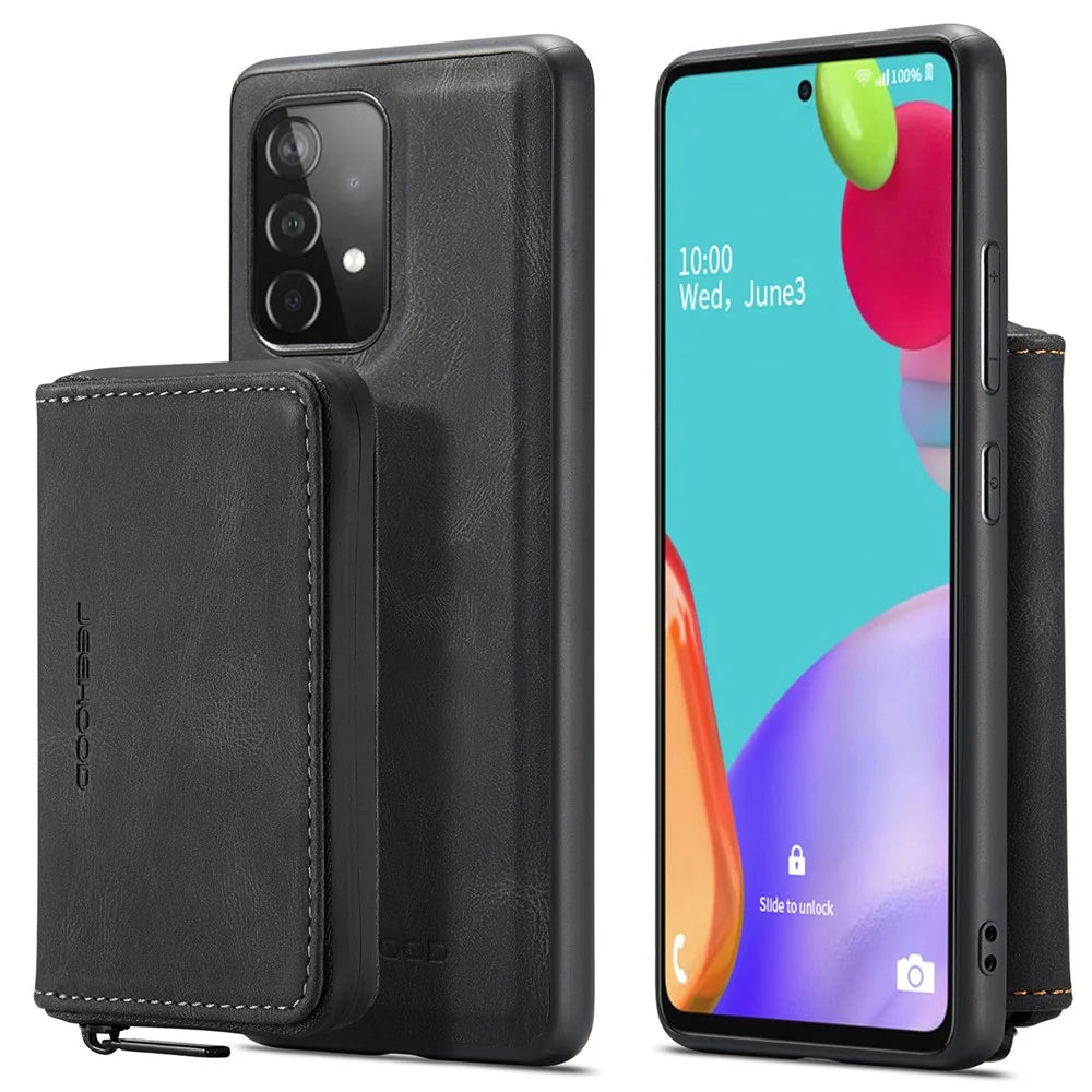 JEEHOOD Magnetic Detachable 2-in-1 Elegant Leather Hybrid Case with Zipper Closure Wallet for Samsung Galaxy A32 4G (EU Version) - Black - 1