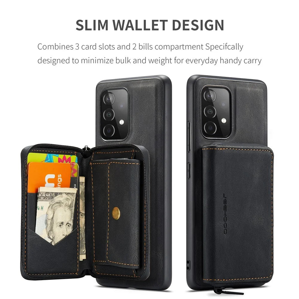 JEEHOOD Magnetic Detachable 2-in-1 Elegant Leather Hybrid Case with Zipper Closure Wallet for Samsung Galaxy A32 4G (EU Version) - Black - 4