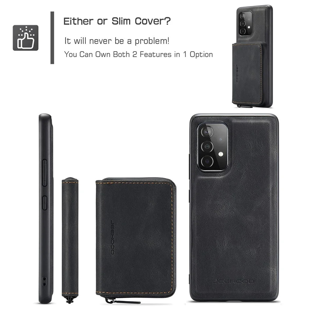 JEEHOOD Magnetic Detachable 2-in-1 Elegant Leather Hybrid Case with Zipper Closure Wallet for Samsung Galaxy A32 4G (EU Version) - Black - 6
