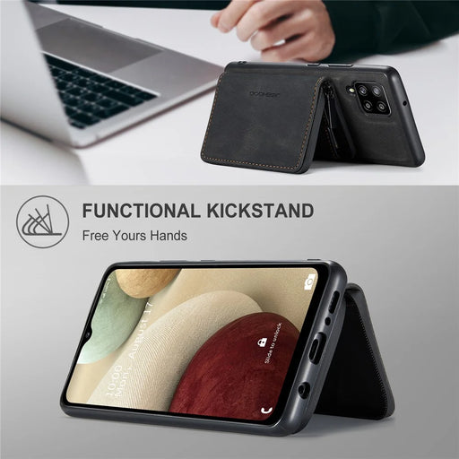 JEEHOOD Magnetic Absorption Impact-Resistant Detachable 2-in-1 Hybrid Case with Zipper Closure Wallet for Samsung Galaxy A12 - Black - 2