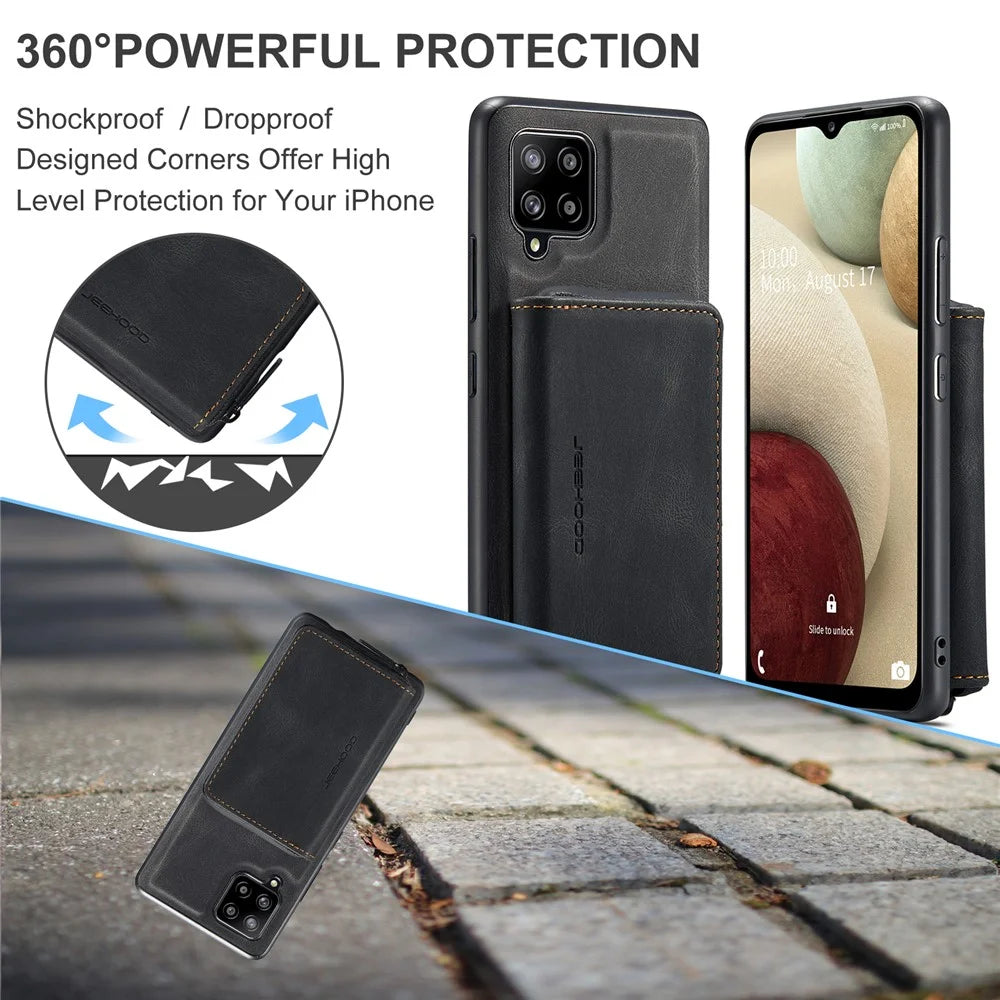 JEEHOOD Magnetic Absorption Impact-Resistant Detachable 2-in-1 Hybrid Case with Zipper Closure Wallet for Samsung Galaxy A12 - Black - 3
