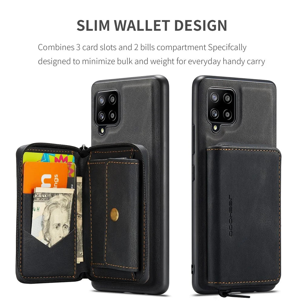 JEEHOOD Magnetic Absorption Impact-Resistant Detachable 2-in-1 Hybrid Case with Zipper Closure Wallet for Samsung Galaxy A12 - Black - 4