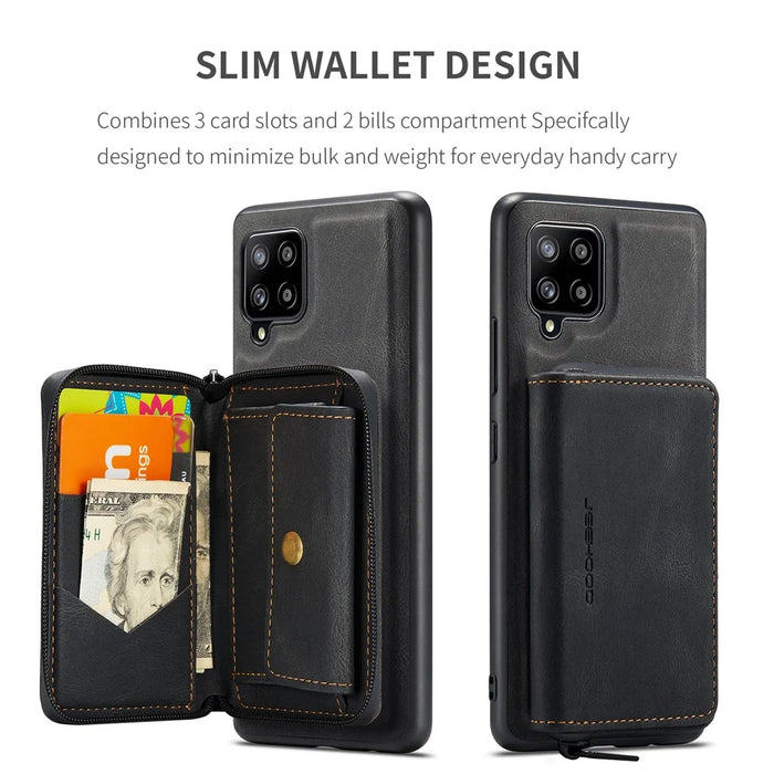 JEEHOOD Magnetic Absorption Impact-Resistant Detachable 2-in-1 Hybrid Case with Zipper Closure Wallet for Samsung Galaxy A12 - Black - 4
