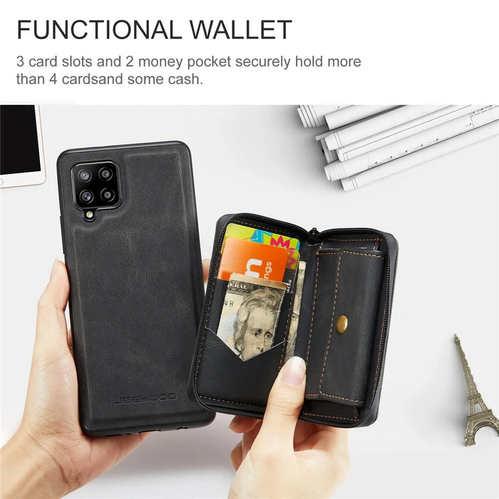 JEEHOOD Magnetic Absorption Impact-Resistant Detachable 2-in-1 Hybrid Case with Zipper Closure Wallet for Samsung Galaxy A12 - Black - 5