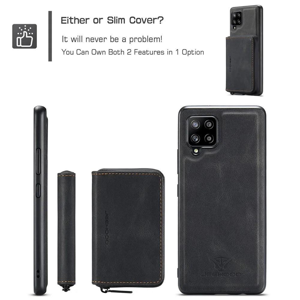 JEEHOOD Magnetic Absorption Impact-Resistant Detachable 2-in-1 Hybrid Case with Zipper Closure Wallet for Samsung Galaxy A12 - Black - 6