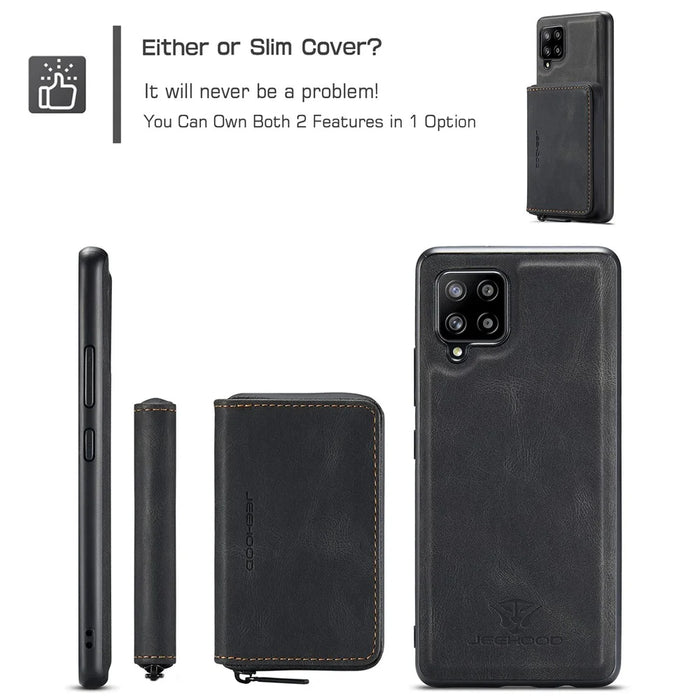 JEEHOOD Magnetic Absorption Impact-Resistant Detachable 2-in-1 Hybrid Case with Zipper Closure Wallet for Samsung Galaxy A12 - Black - 6