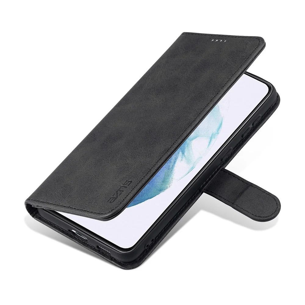 AZNS Wallet Stand Design Leather Phone Cover for Samsung Galaxy S21 FE - Black - 4