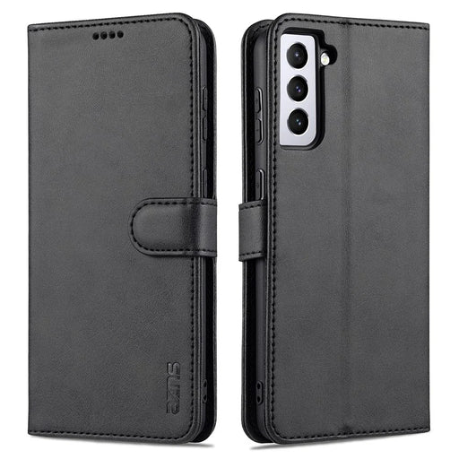 AZNS Leather Wallet Card Slots Stand Folio Flip Shock-resistant Case Phone Shell for Samsung Galaxy S21+ 5G - Black - 1