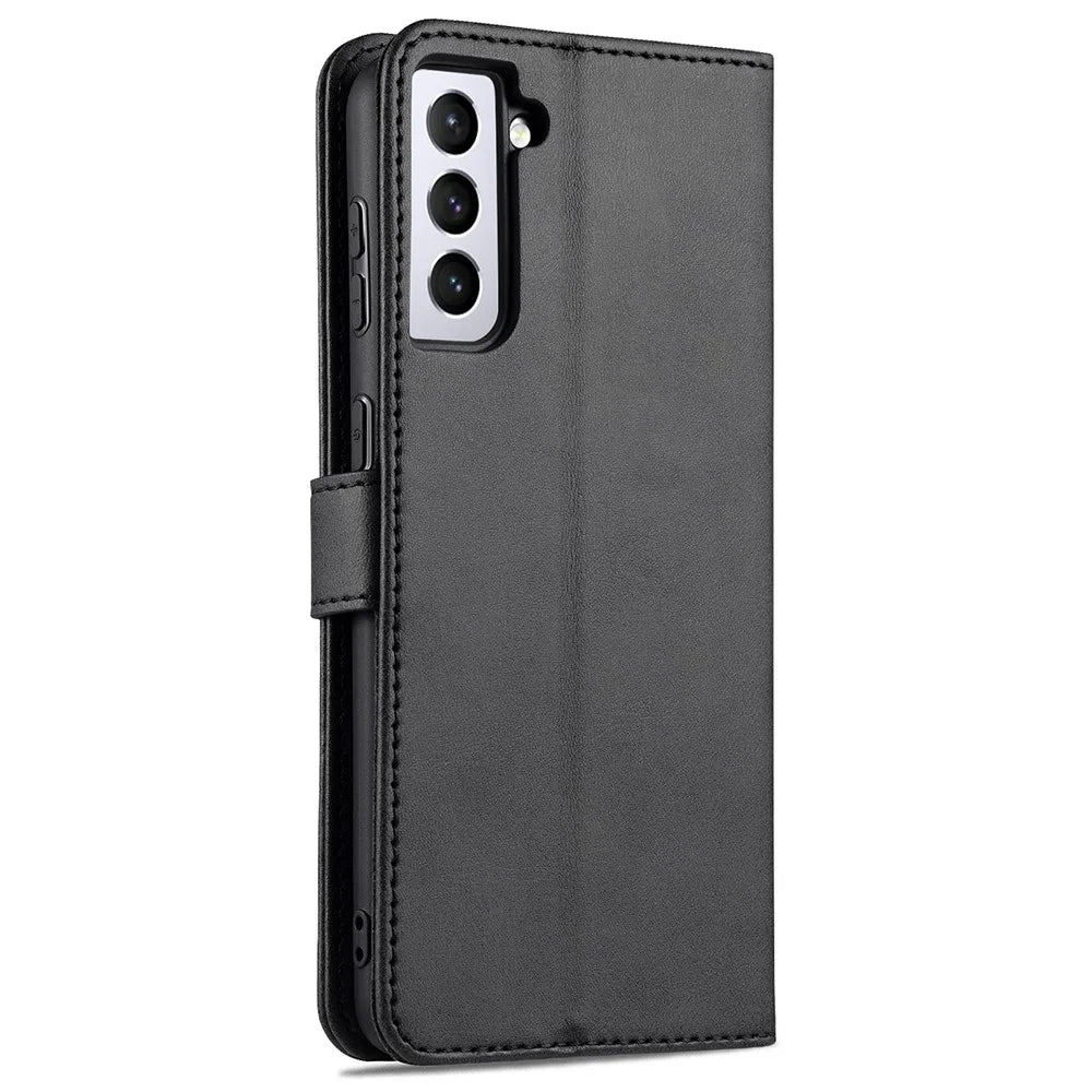 AZNS Leather Wallet Card Slots Stand Folio Flip Shock-resistant Case Phone Shell for Samsung Galaxy S21+ 5G - Black - 3