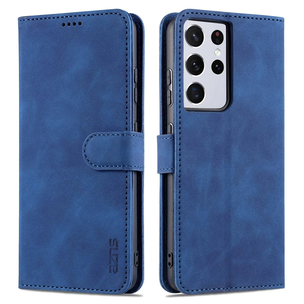 AZNS  Wallet Design PU Leather All-round Protection Phone Stand Cover Case for Samsung Galaxy S21 Ultra 5G - Blue - 1
