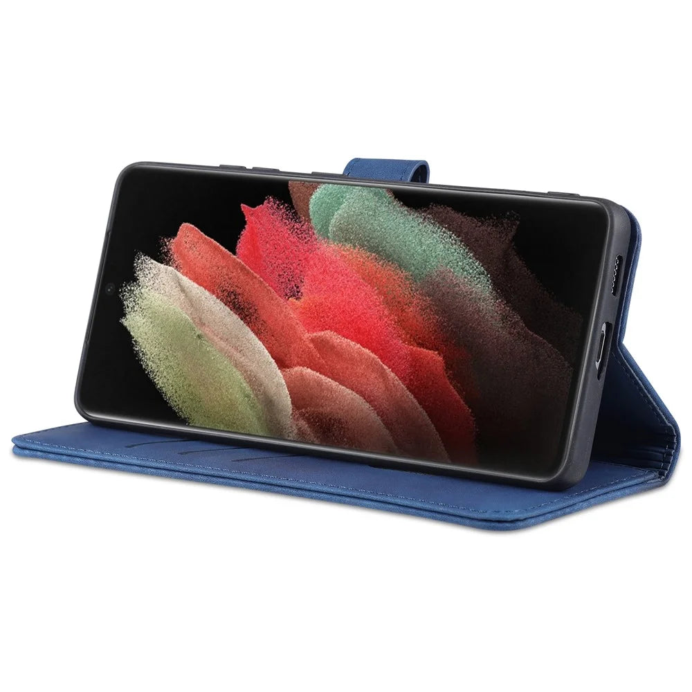 AZNS  Wallet Design PU Leather All-round Protection Phone Stand Cover Case for Samsung Galaxy S21 Ultra 5G - Blue - 4