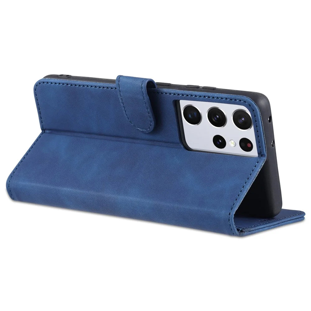 AZNS  Wallet Design PU Leather All-round Protection Phone Stand Cover Case for Samsung Galaxy S21 Ultra 5G - Blue - 5
