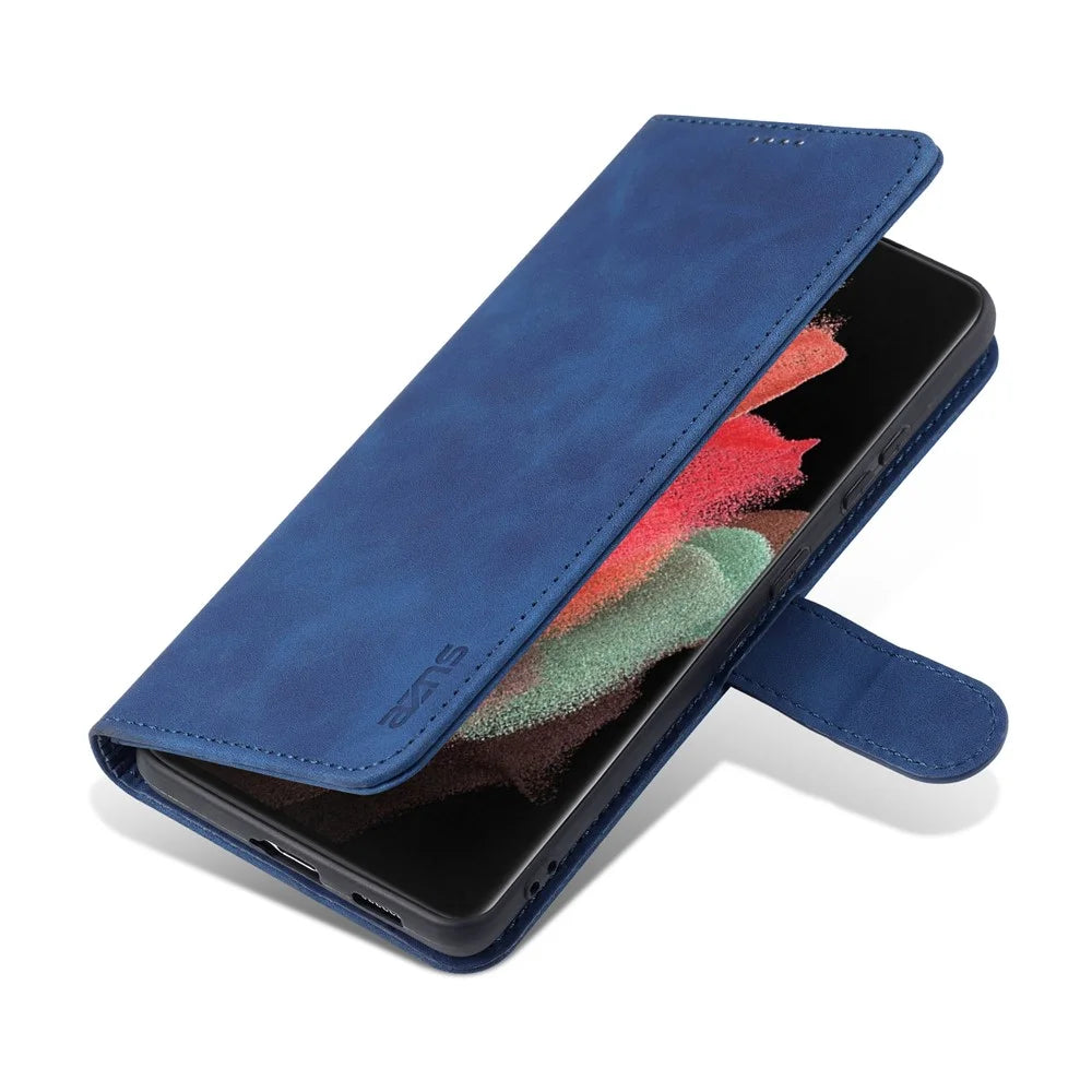 AZNS  Wallet Design PU Leather All-round Protection Phone Stand Cover Case for Samsung Galaxy S21 Ultra 5G - Blue - 7