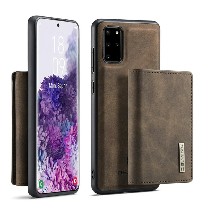 DG.MING M1 Series Phone Case PU + TPU + PC Back Cover with Magnetic Tri-Fold Wallet Kickstand for Samsung Galaxy S20 Plus - Coffee - 1