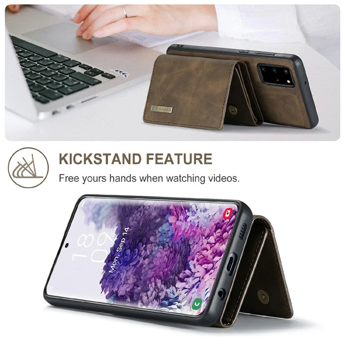 DG.MING M1 Series Phone Case PU + TPU + PC Back Cover with Magnetic Tri-Fold Wallet Kickstand for Samsung Galaxy S20 Plus - Coffee - 2
