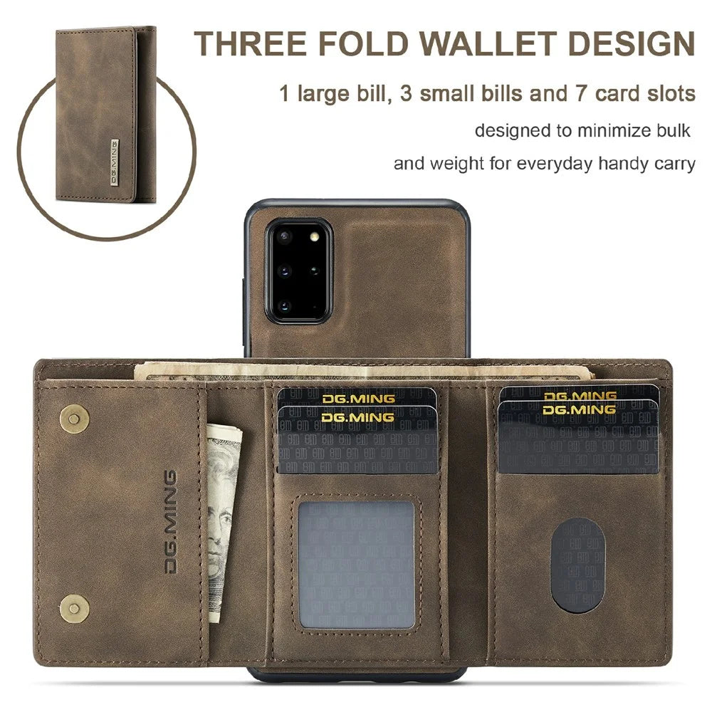 DG.MING M1 Series Phone Case PU + TPU + PC Back Cover with Magnetic Tri-Fold Wallet Kickstand for Samsung Galaxy S20 Plus - Coffee - 5