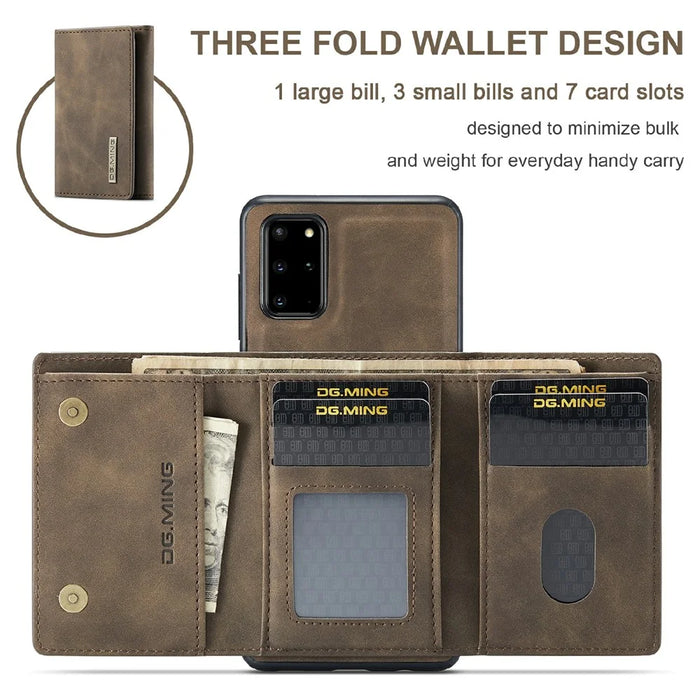 DG.MING M1 Series Phone Case PU + TPU + PC Back Cover with Magnetic Tri-Fold Wallet Kickstand for Samsung Galaxy S20 Plus - Coffee - 5