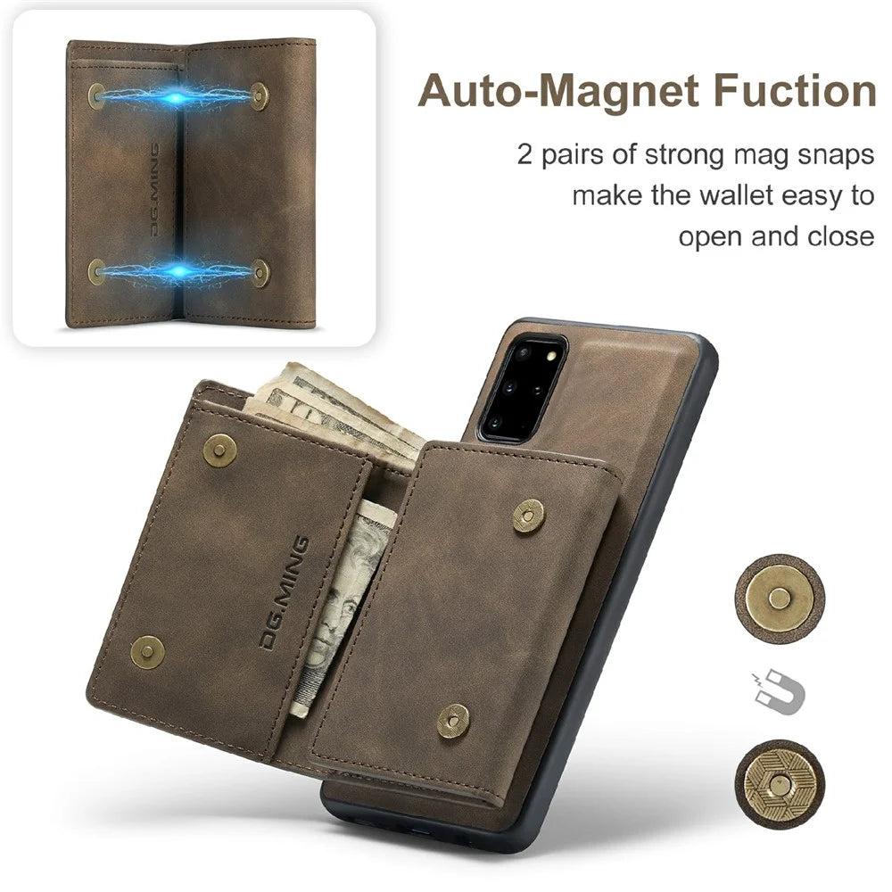 DG.MING M1 Series Phone Case PU + TPU + PC Back Cover with Magnetic Tri-Fold Wallet Kickstand for Samsung Galaxy S20 Plus - Coffee - 6
