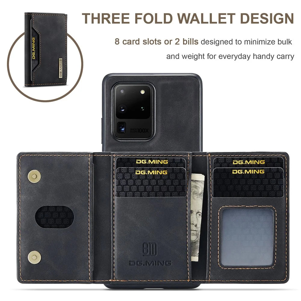 DG.MING M2 Series Tri-Fold Wallet Kickstand Design Magnetic Detachable Wireless Charging Hybrid Case for Samsung Galaxy S20 Ultra - Black - 7