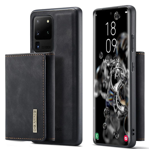 DG.MING M1 Series Phone Case PU + TPU + PC Back Cover with Magnetic Tri-Fold Wallet Kickstand for Samsung Galaxy S20 Ultra - Black - 1
