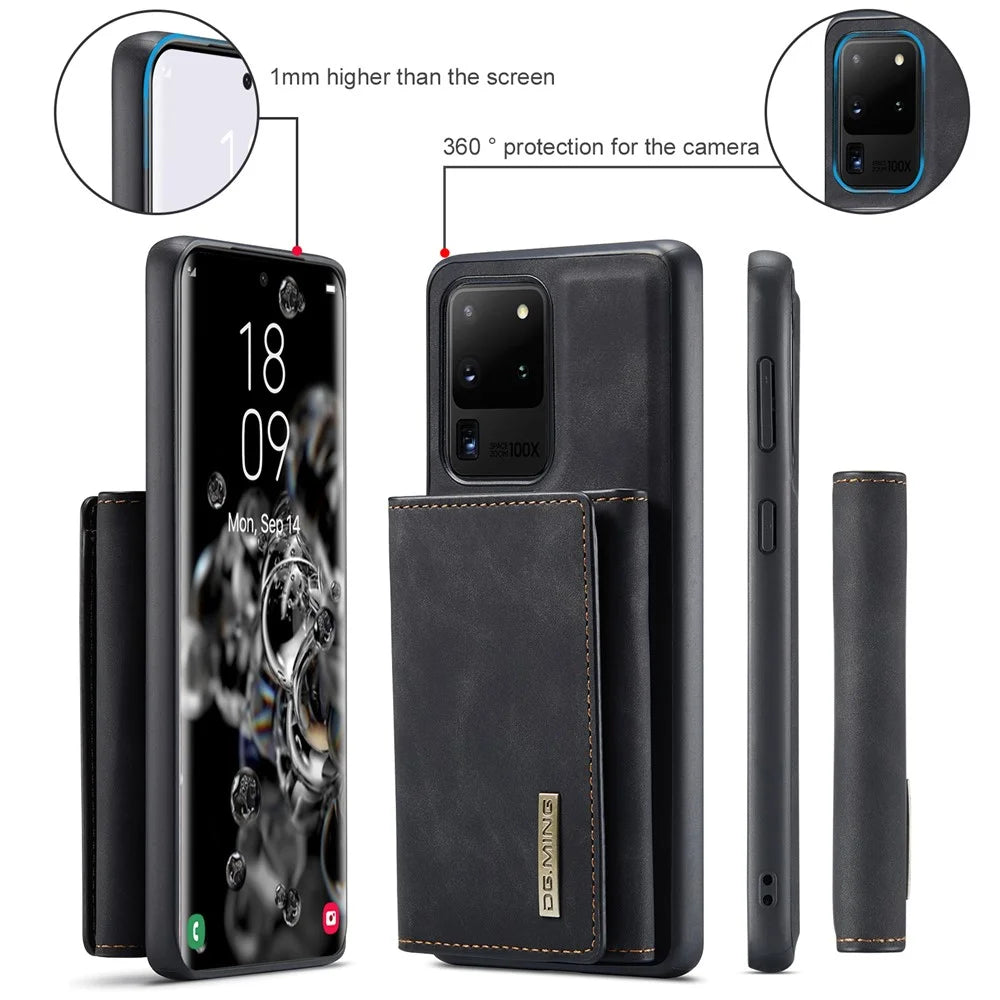 DG.MING M1 Series Phone Case PU + TPU + PC Back Cover with Magnetic Tri-Fold Wallet Kickstand for Samsung Galaxy S20 Ultra - Black - 6
