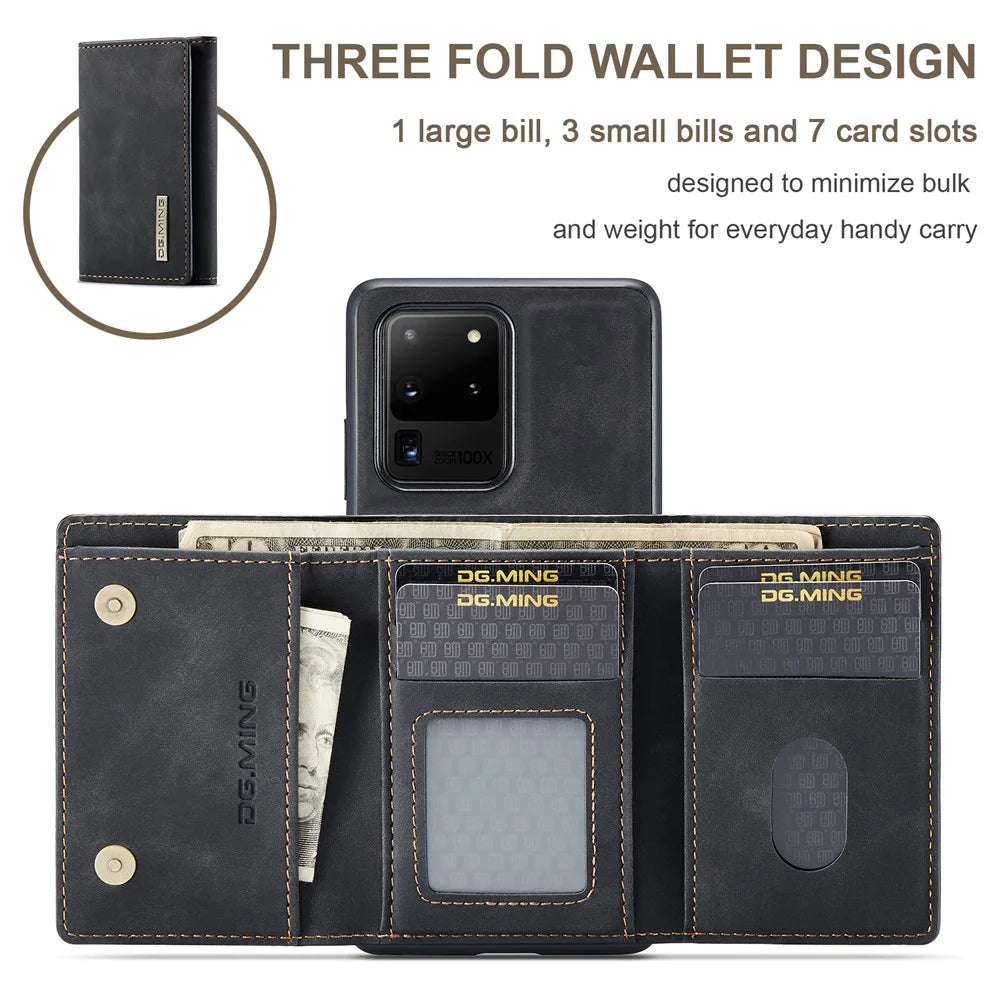 DG.MING M1 Series Phone Case PU + TPU + PC Back Cover with Magnetic Tri-Fold Wallet Kickstand for Samsung Galaxy S20 Ultra - Black - 7
