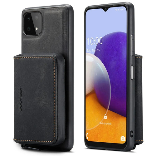 JEEHOOD Full Protection Magnetic Detachable 2-in-1 Hybrid Case with Zippered Wallet Kickstand for Samsung Galaxy A22 5G (EU Version) - Black - 1