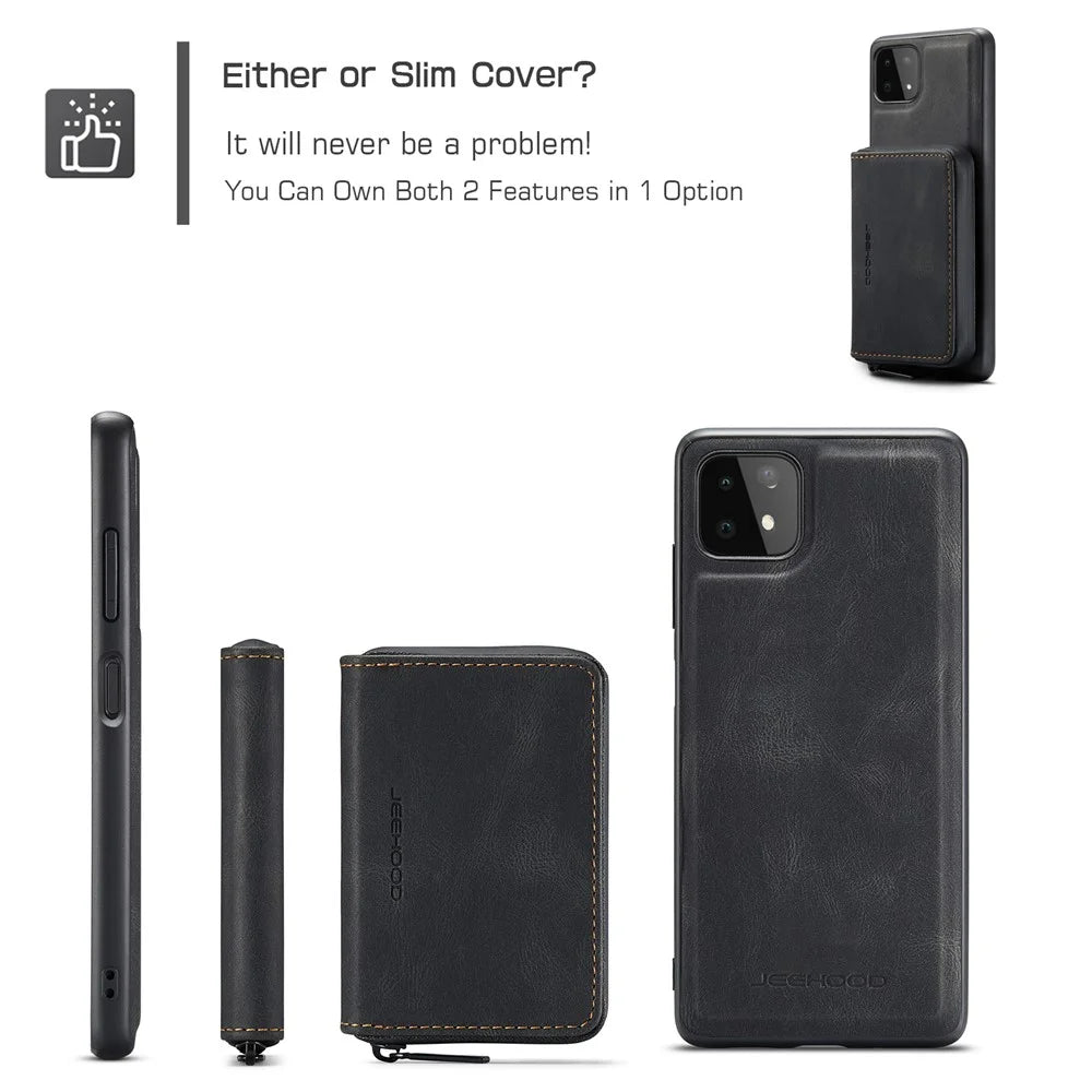JEEHOOD Full Protection Magnetic Detachable 2-in-1 Hybrid Case with Zippered Wallet Kickstand for Samsung Galaxy A22 5G (EU Version) - Black - 3