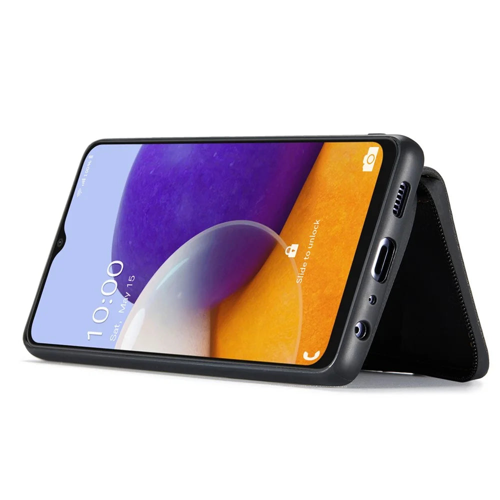 JEEHOOD Full Protection Magnetic Detachable 2-in-1 Hybrid Case with Zippered Wallet Kickstand for Samsung Galaxy A22 5G (EU Version) - Black - 6
