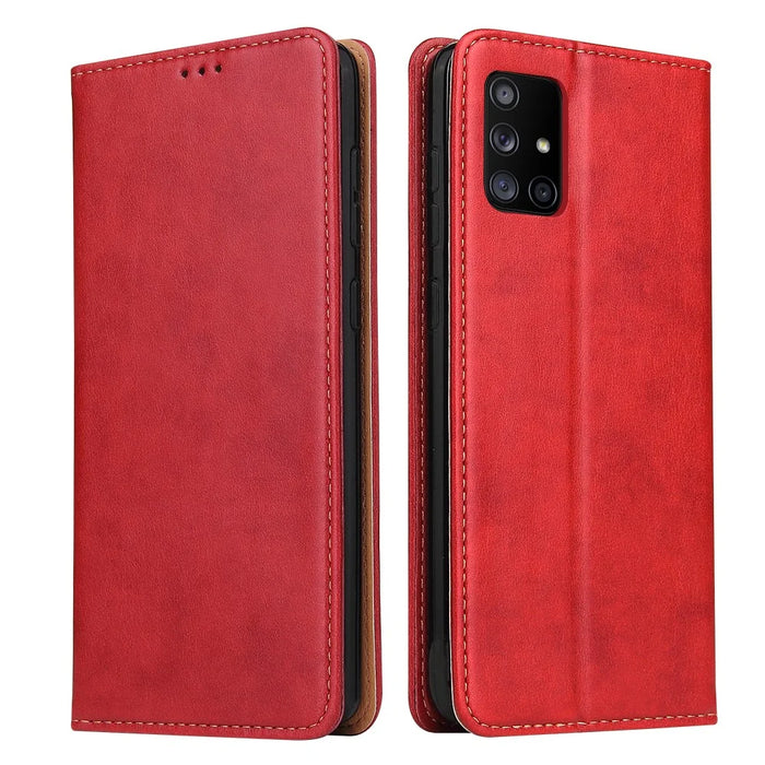 Phone Cover Wallet Design Genuine Texture PU Leather Stand Case for Samsung Galaxy A51 5G SM-A516 - Red - 1