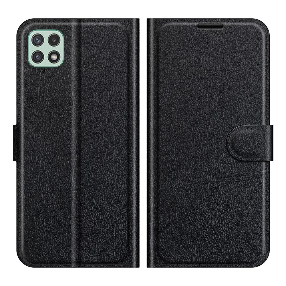 Folio Flip Litchi Skin Drop-Proof Leather Wallet Design Leather Case Stand Cover for Samsung Galaxy A22 5G (EU Version) - Black - 1