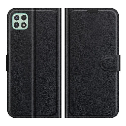 Folio Flip Litchi Skin Drop-Proof Leather Wallet Design Leather Case Stand Cover for Samsung Galaxy A22 5G (EU Version) - Black - 1