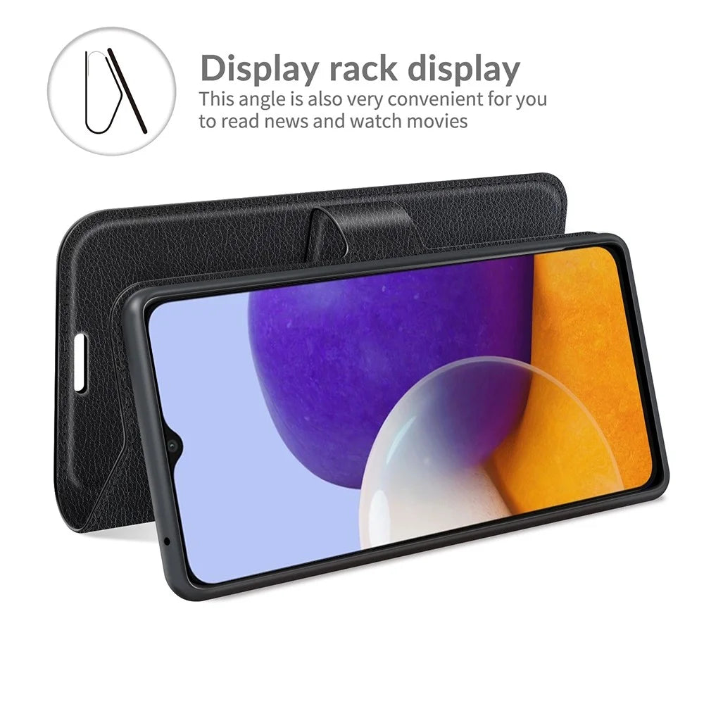 Folio Flip Litchi Skin Drop-Proof Leather Wallet Design Leather Case Stand Cover for Samsung Galaxy A22 5G (EU Version) - Black - 3