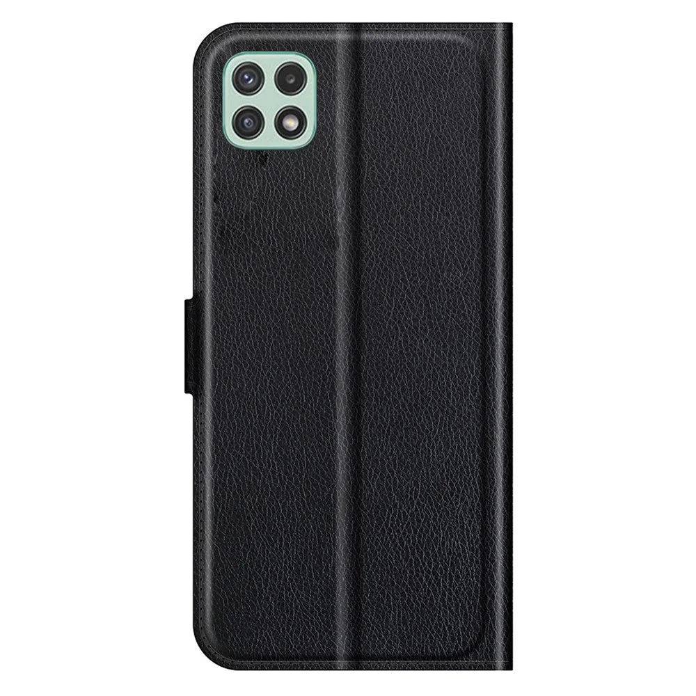Folio Flip Litchi Skin Drop-Proof Leather Wallet Design Leather Case Stand Cover for Samsung Galaxy A22 5G (EU Version) - Black - 7