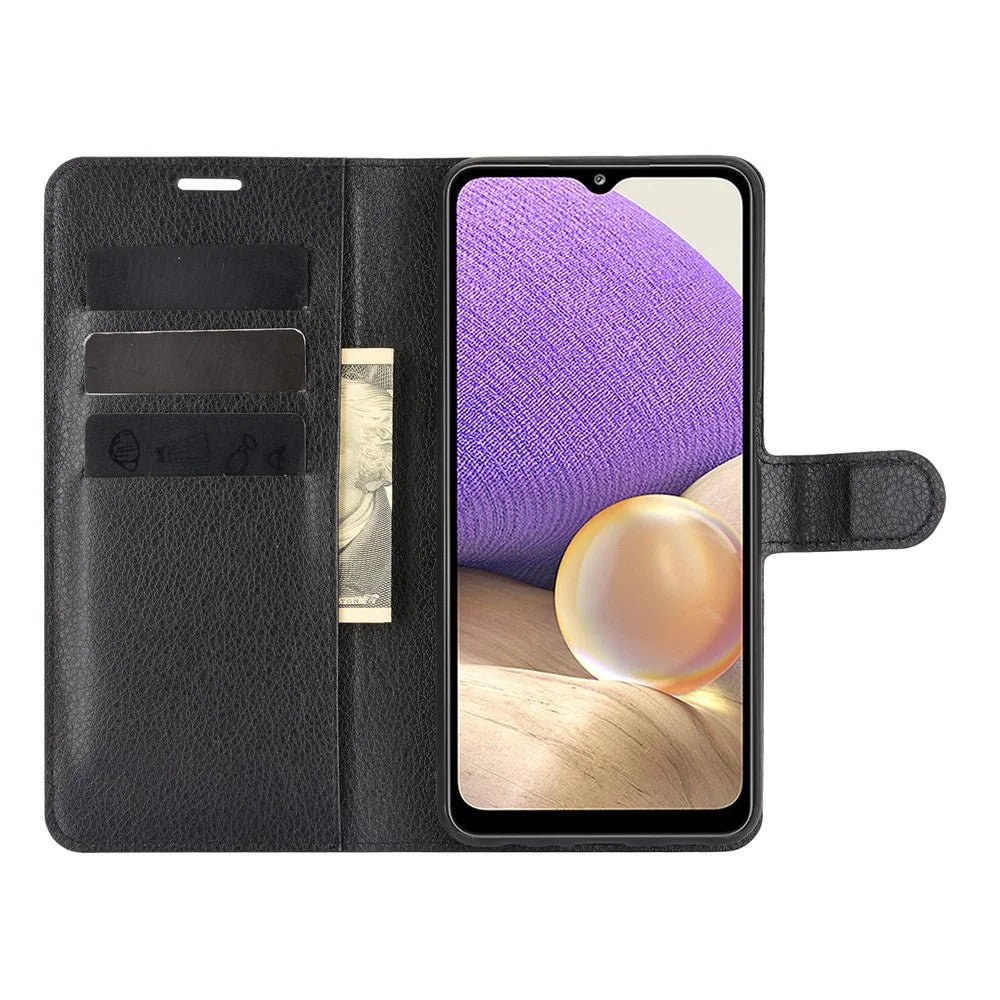 Folio Flip Anti-Scratch Litchi Skin Leather Mobile Phone Wallet Stand Cover Case for Samsung Galaxy A32 4G (EU Version) - Black - 5