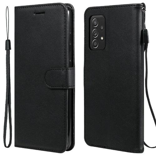 For Samsung Galaxy A52 4G / A52 5G / A52s 5G Case Solid Color Leather Mobile Cover Wallet Stand with Strap - Black - 1
