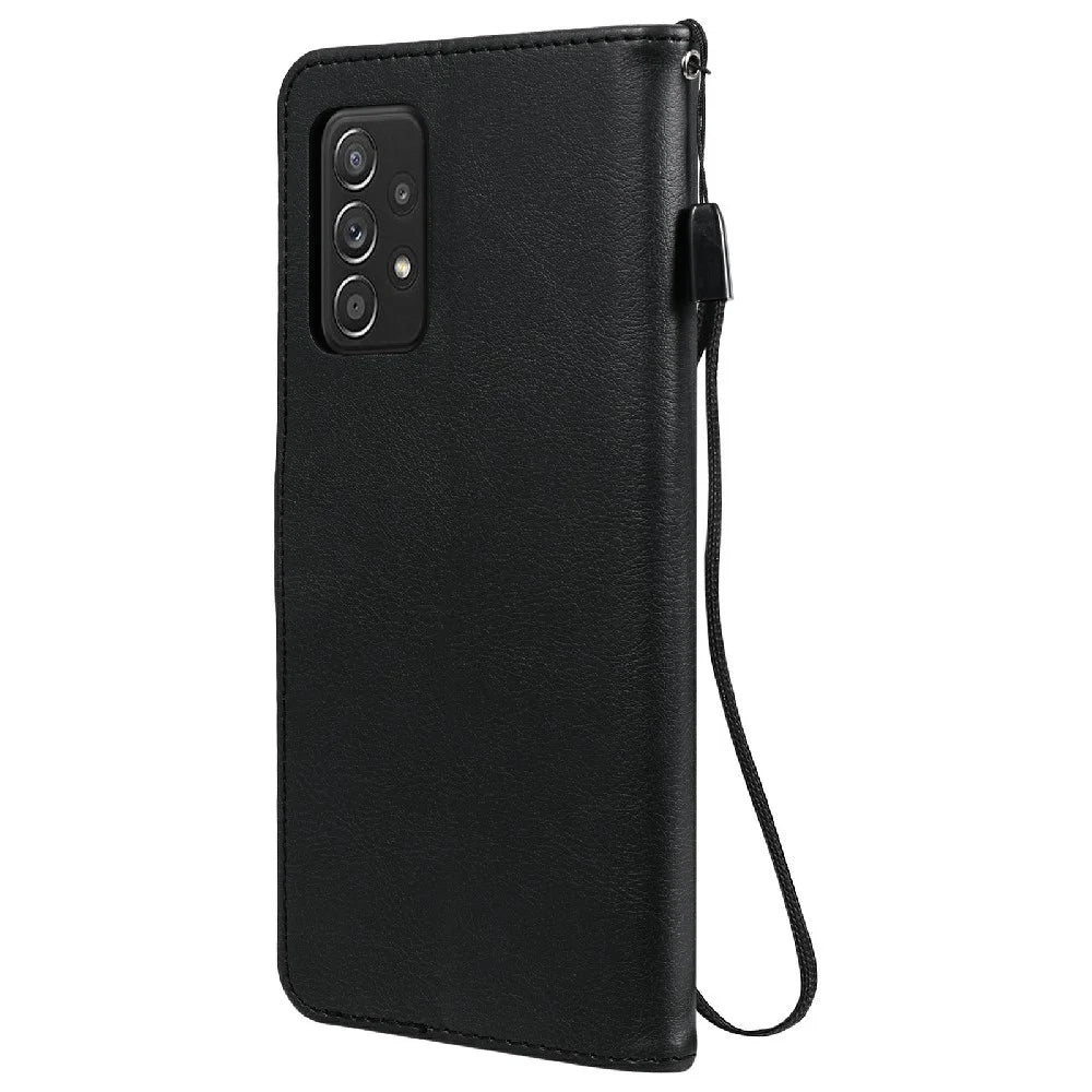 For Samsung Galaxy A52 4G / A52 5G / A52s 5G Case Solid Color Leather Mobile Cover Wallet Stand with Strap - Black - 3