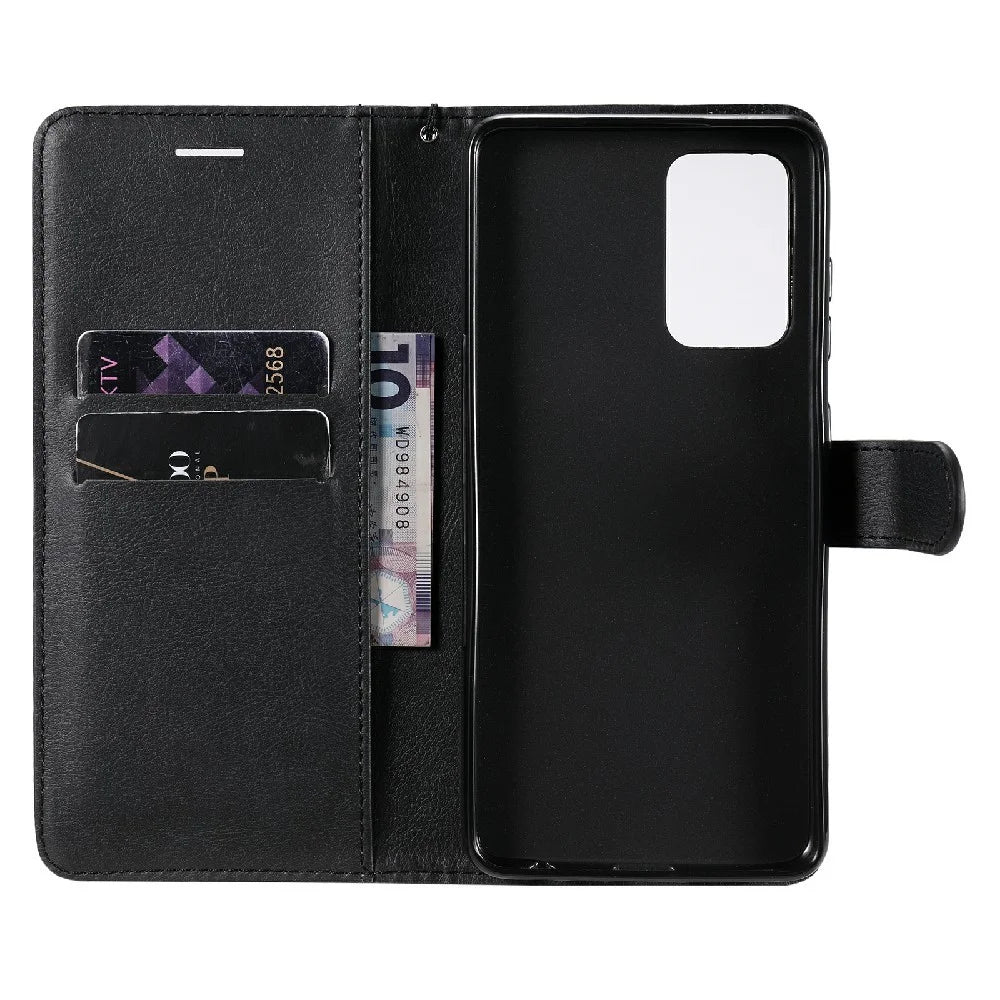For Samsung Galaxy A52 4G / A52 5G / A52s 5G Case Solid Color Leather Mobile Cover Wallet Stand with Strap - Black - 4